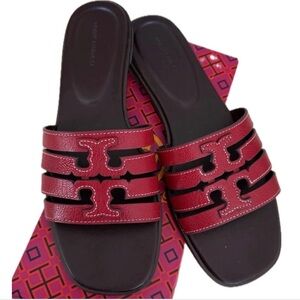 Tory Burch Ines Triple-Strap Leather Slide Sandals In Red Size 7